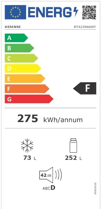 Hisense RT267D4AWF - Frigorífico Dos Puertas, Capacidad 205 L Neto, Cíclico, Alto 143 cm, Tirador Integrado, Puertas Reversibles, Congelador 4 Estrellas, Silencioso 40 dBA, Color Blanco