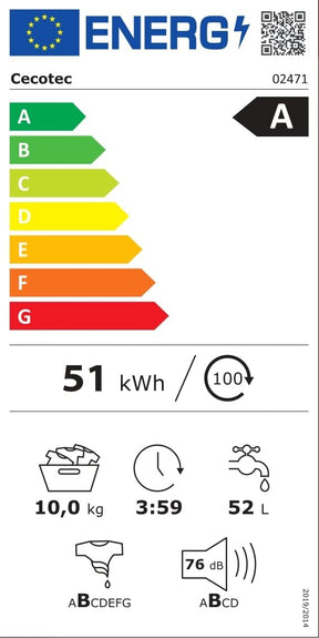 Cecotec Lavadora 10 Kg Carga Frontal Bolero Dresscode 8500 Inverter A. 1900 W, 1400 rpm, Motor Inverter Plus, Bajo Consumo, 16 Programas, SteamMax, Delay Start, Blanco [Clase de eficiencia energética A]