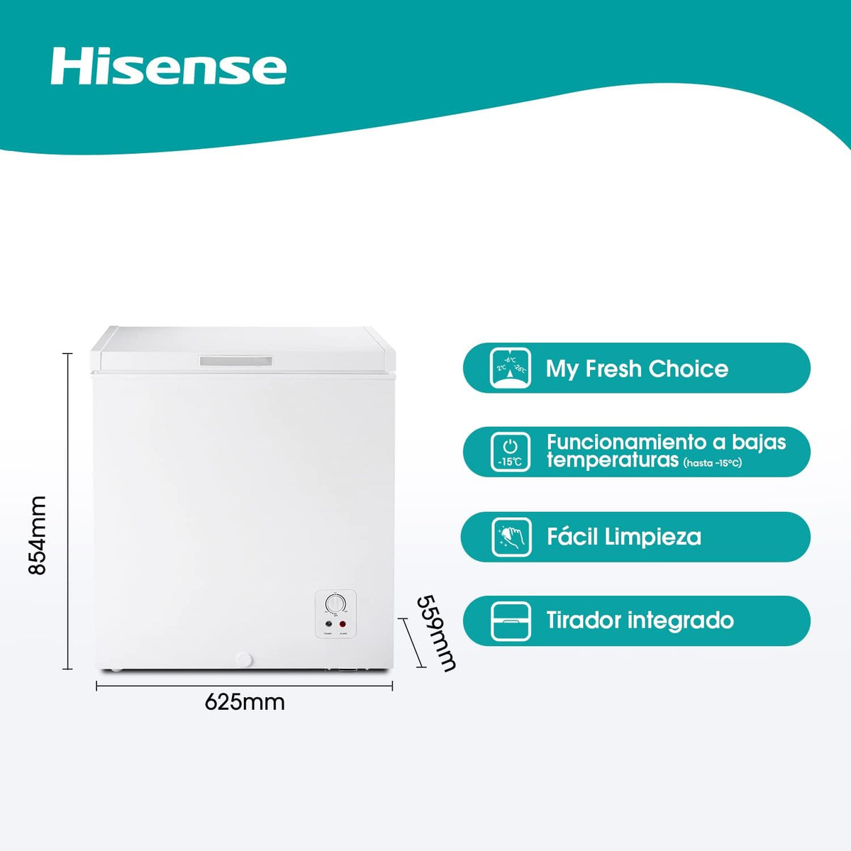 Hisense FT184D4AWF - Arcón Congelador Horizontal, Cesta con Asa, Función Dual convertible en Modo Frigorífico, con 142 L de Capacidad Neta, Silencioso 38 dBA, Color Blanco