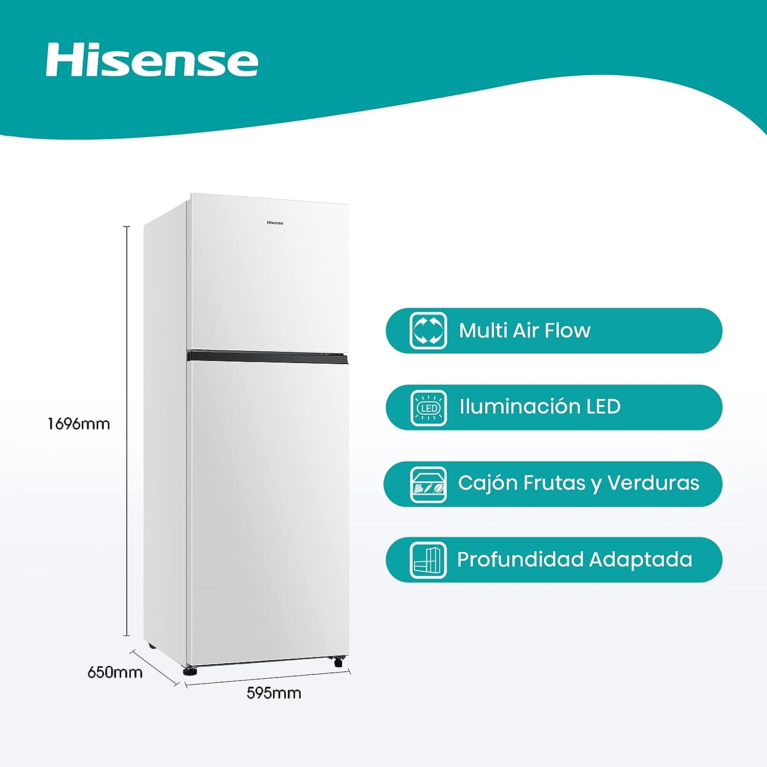 Hisense RT267D4AWF - Frigorífico Dos Puertas, Capacidad 205 L Neto, Cíclico, Alto 143 cm, Tirador Integrado, Puertas Reversibles, Congelador 4 Estrellas, Silencioso 40 dBA, Color Blanco