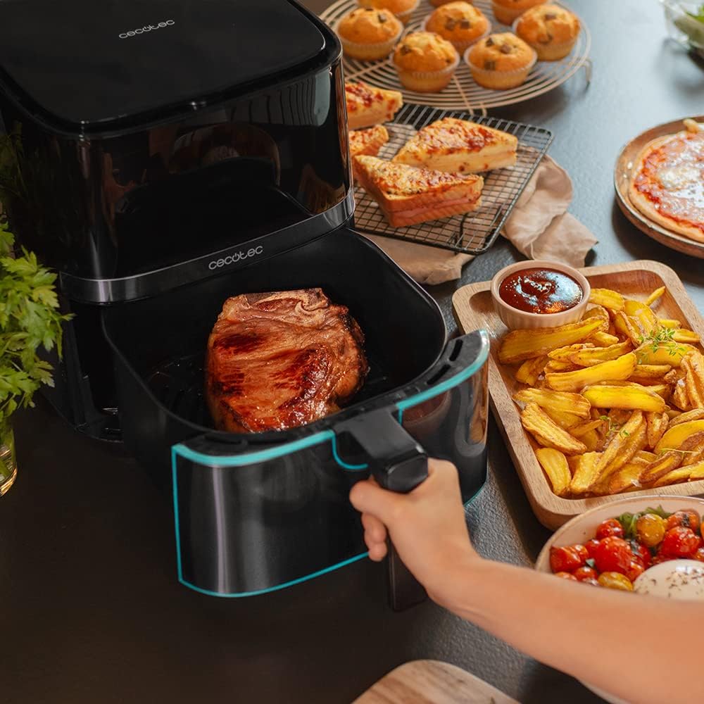 Cecotec Freidora sin Aceite de 5,5 L de Aire Caliente Cecofry Full InoxBlack 5500 Pro con Accesorios. 1700 W, Dietética y Digital, Táctil, Acabados en Acero Inox, 8 Modos, Pack de Accesorios