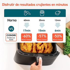 COSORI Freidora de Aire 5,5 L, Air Fryer con 100 Recetas en Español, Freidora sin Aceite con 13 Funciones, Pantalla Táctil LED, Cocción Rápida y Saludable, Cesta Antiadherente, Temporizador, Negra