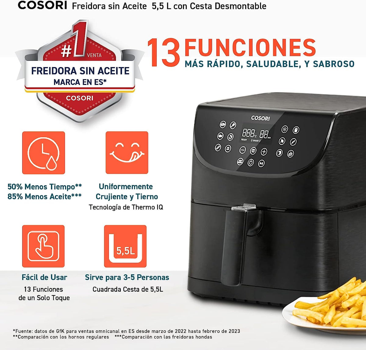 COSORI Freidora de Aire 5,5 L, Air Fryer con 100 Recetas en Español, Freidora sin Aceite con 13 Funciones, Pantalla Táctil LED, Cocción Rápida y Saludable, Cesta Antiadherente, Temporizador, Negra