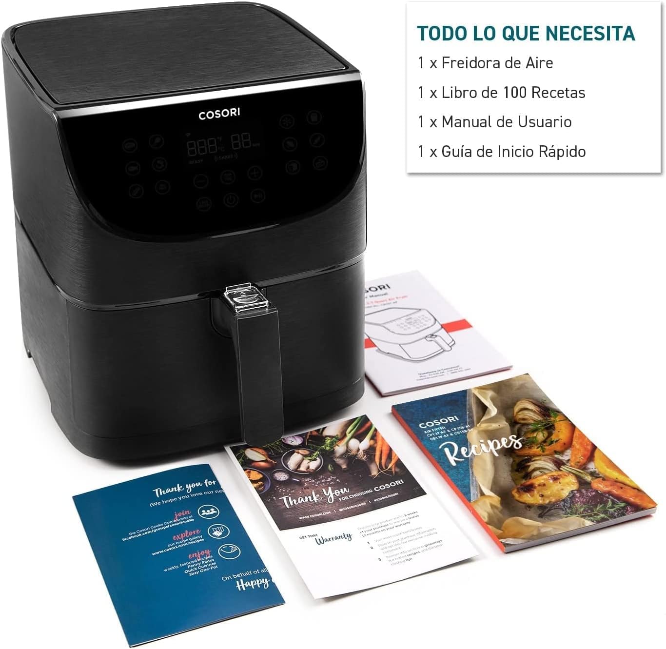 COSORI Freidora de Aire 5,5 L, Air Fryer con 100 Recetas en Español, Freidora sin Aceite con 13 Funciones, Pantalla Táctil LED, Cocción Rápida y Saludable, Cesta Antiadherente, Temporizador, Negra